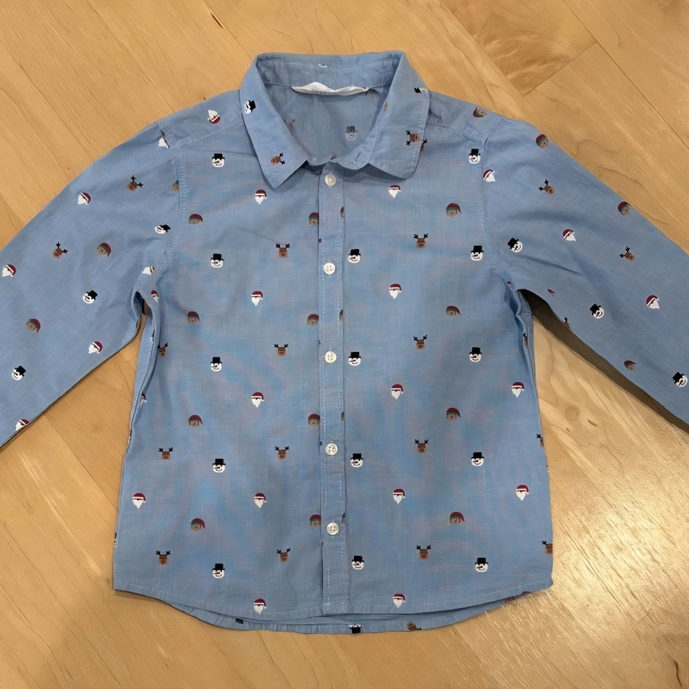 H&M Kids Blue Button Down Shirt, Festive Christmas, Holiday Size 6X